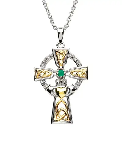 Petite Sterling Silver Trinity Knot Celtic Cross With Emerald & Diamond